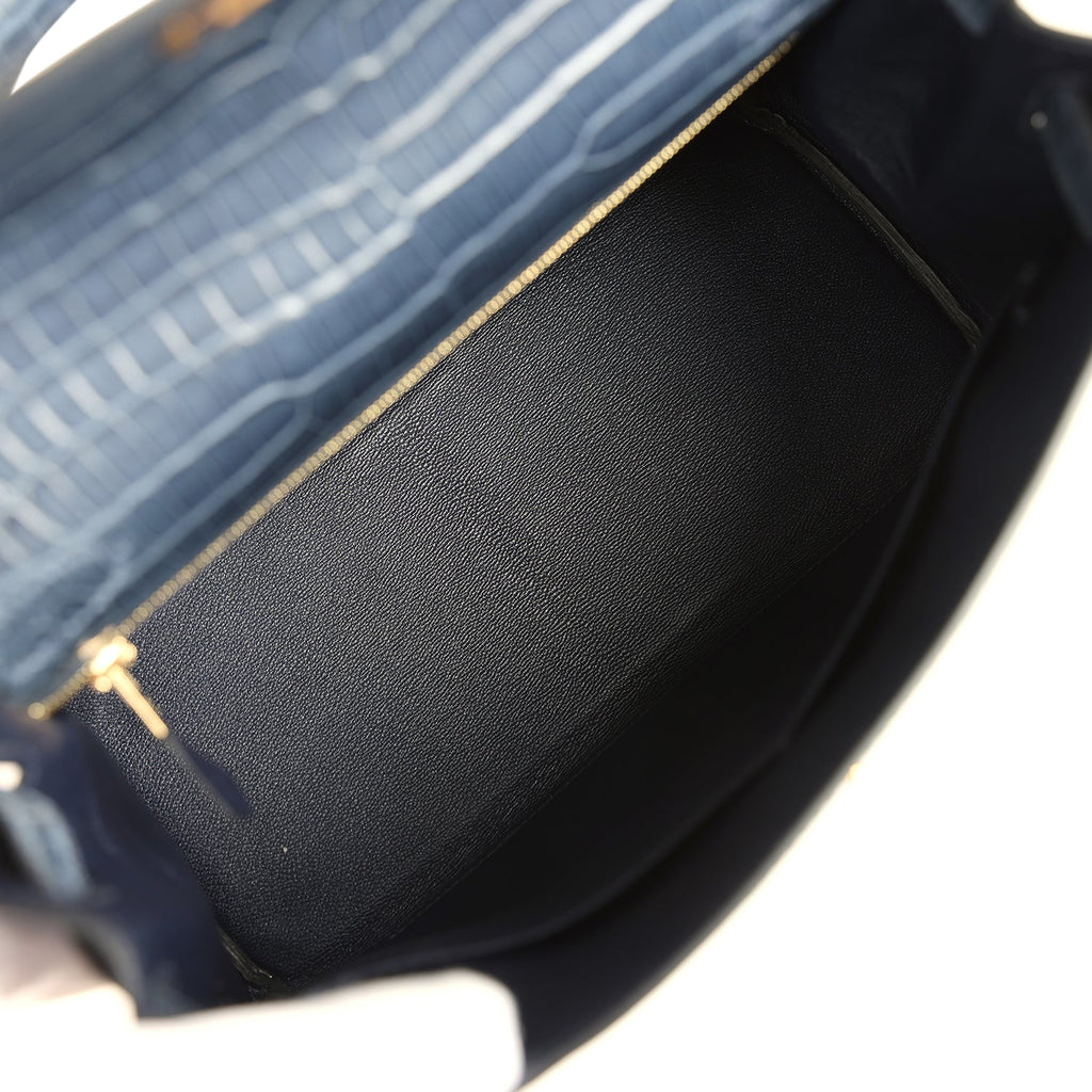Hermes Kelly Retourne 28 Bleu Nuit Satin Matte Porosus Crocodile Gold Hardware