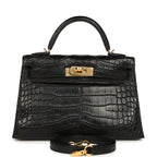 Hermes Kelly Sellier 20 Black Matte Alligator Gold Hardware