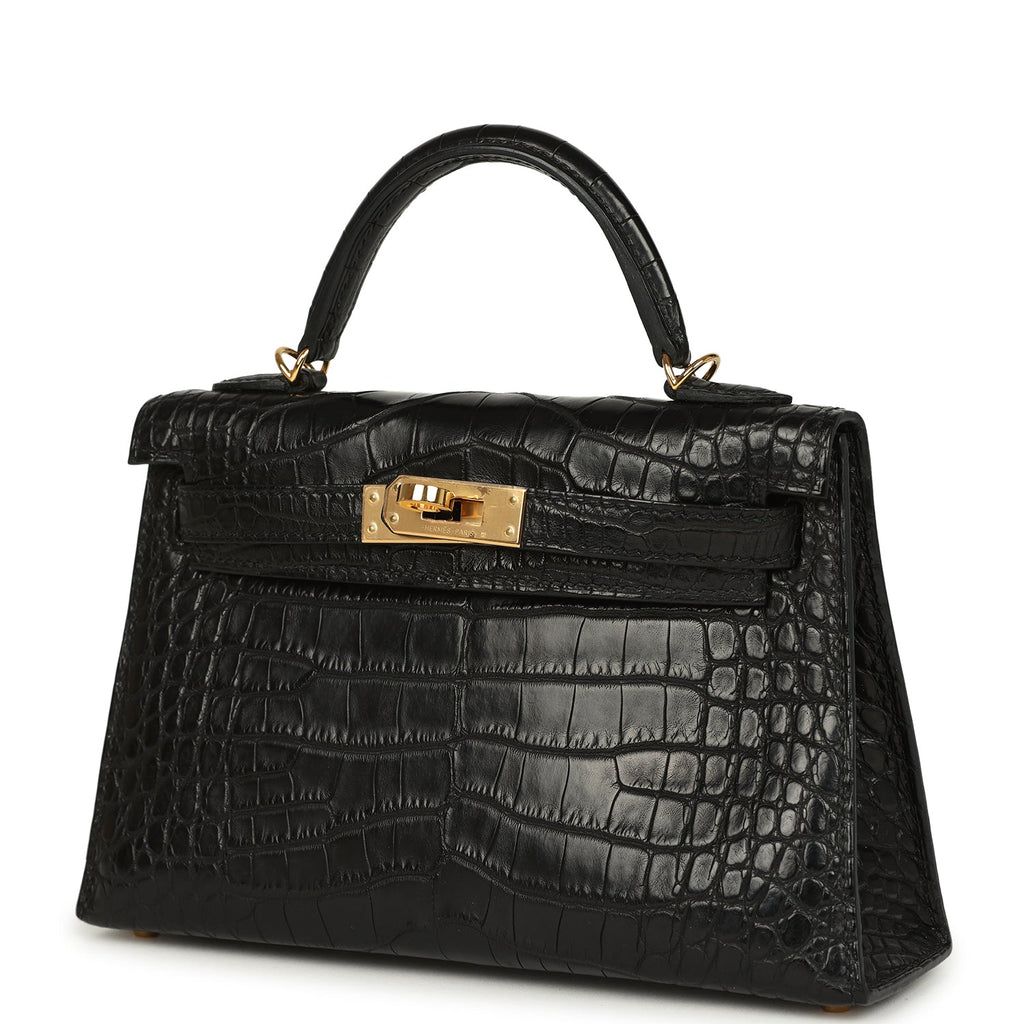 Hermes Kelly Sellier 20 Black Matte Alligator Gold Hardware