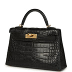 Hermes Kelly Sellier 20 Black Matte Alligator Gold Hardware