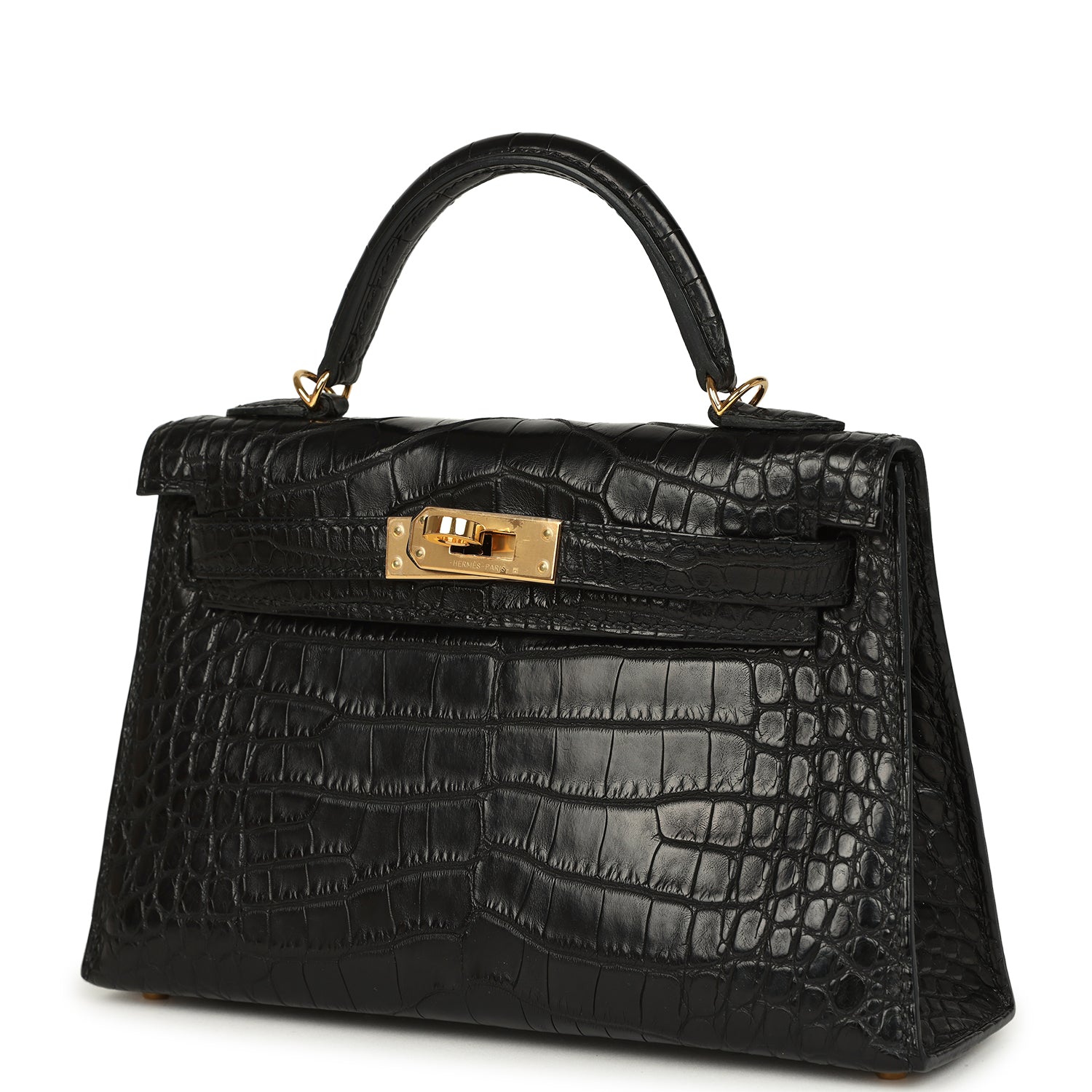 Hermes Kelly Sellier 20 Black Matte Alligator Gold Hardware