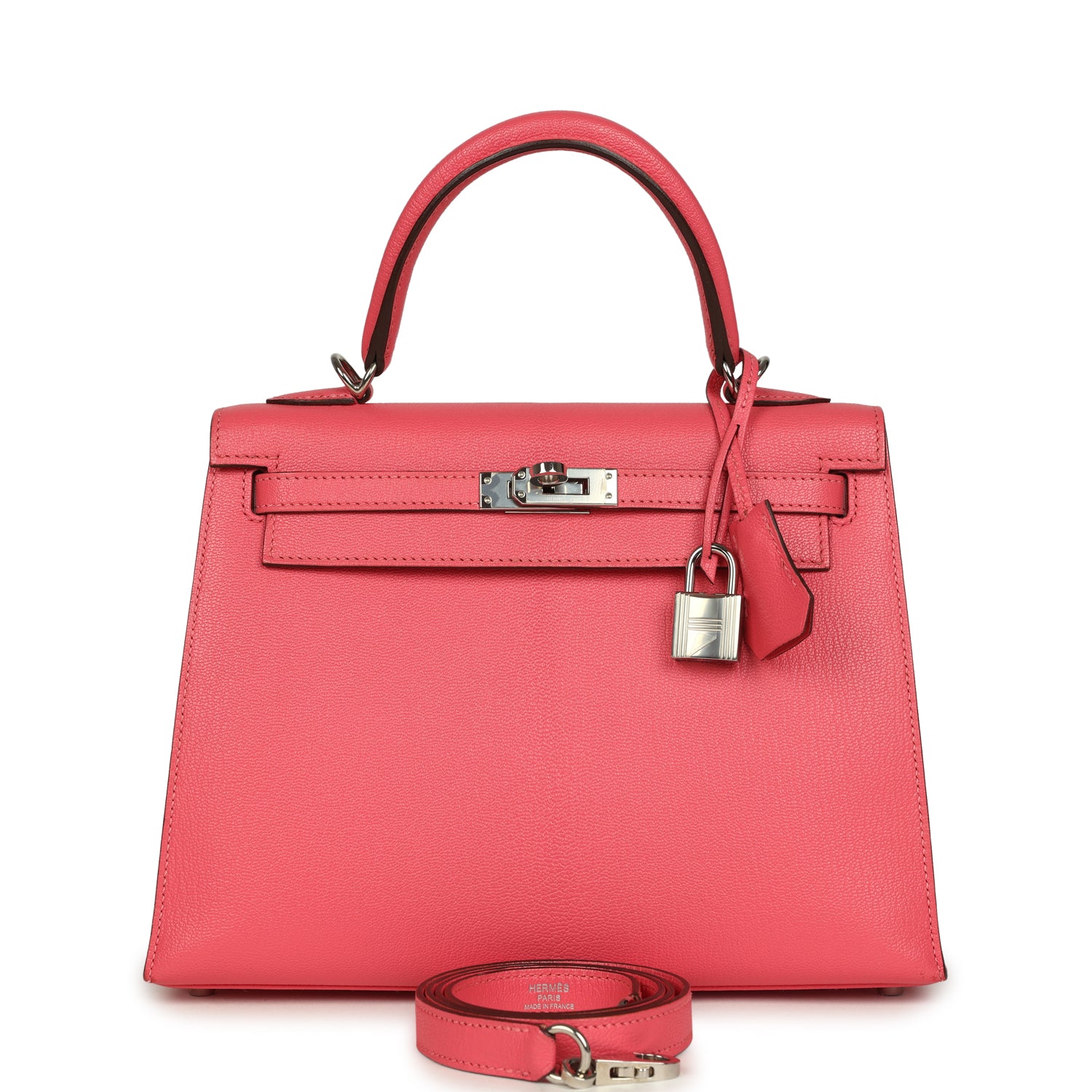 Hermes Kelly Sellier 25 Rose Lipstick Chevre Mysore Palladium Hardware