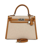 Hermes Kelly Sellier 28 Beige & Ecru Toile H Canvas and Sesame Swift Palladium Hardware