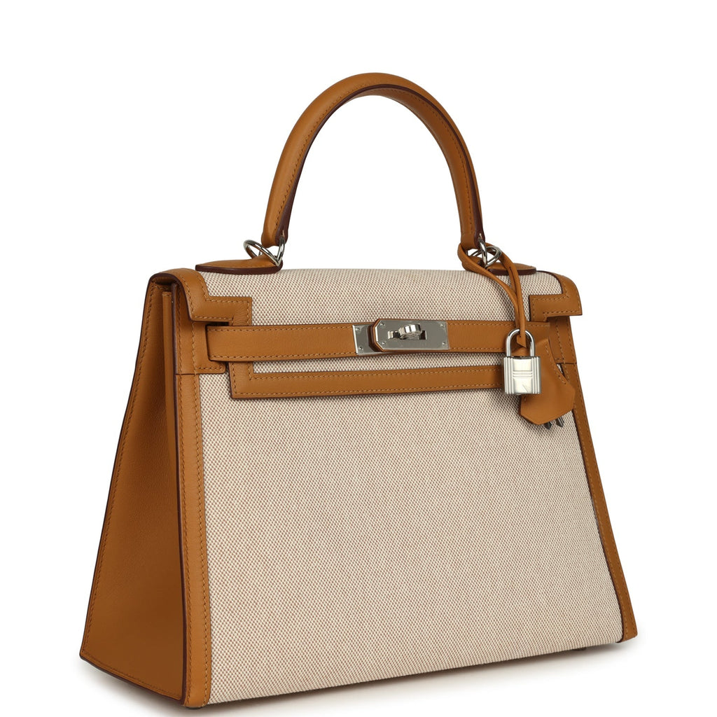 Hermes Kelly Sellier 28 Beige & Ecru Toile H Canvas and Sesame Swift Palladium Hardware
