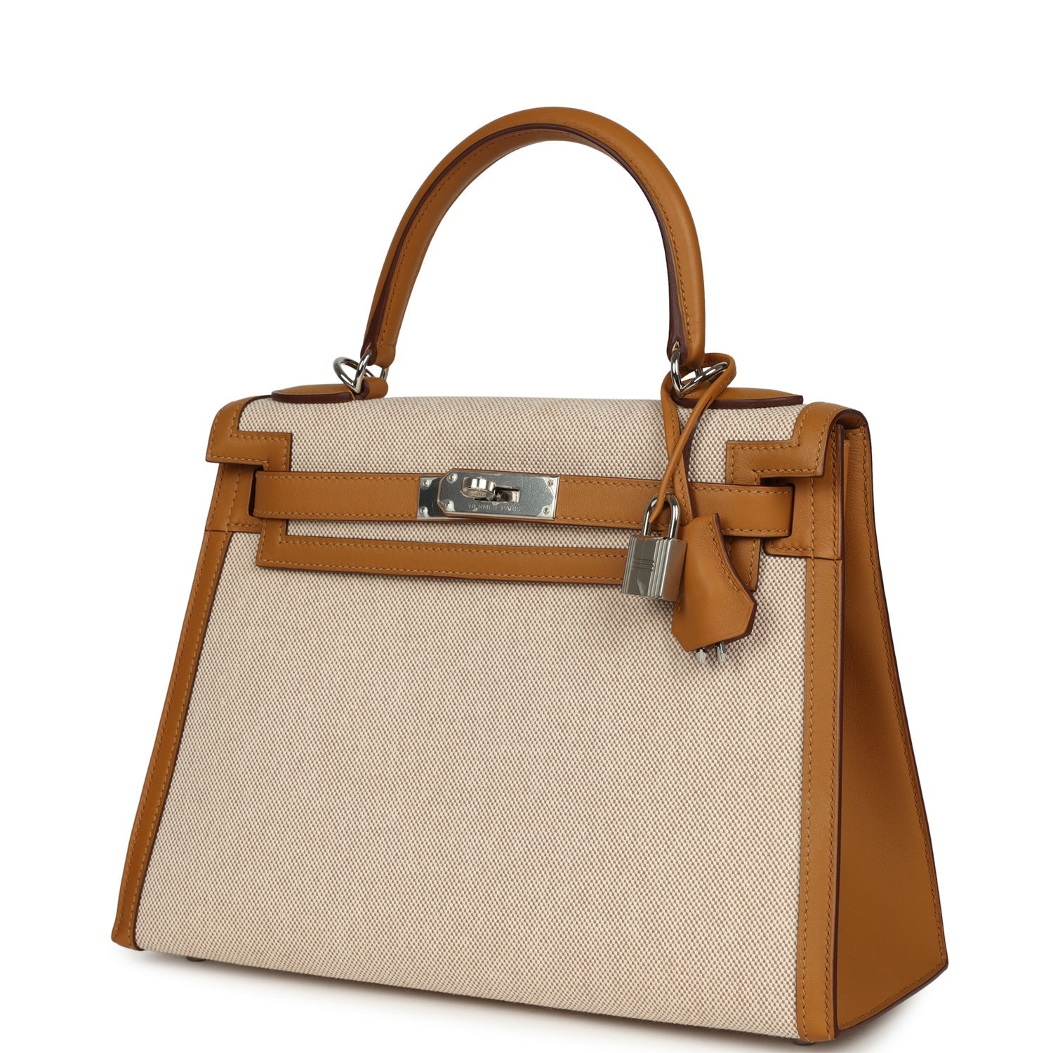 Hermes Kelly Sellier 28 Beige & Ecru Toile H Canvas and Sesame Swift Palladium Hardware