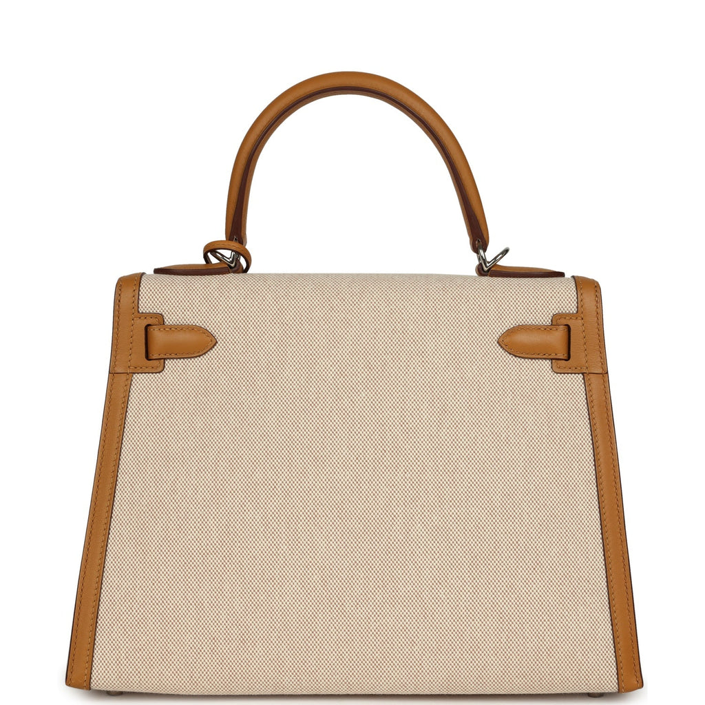 Hermes Kelly Sellier 28 Beige & Ecru Toile H Canvas and Sesame Swift Palladium Hardware