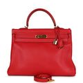 Vintage Hermes Kelly Retourne 35 Rouge Vif Gulliver Gold Hardware