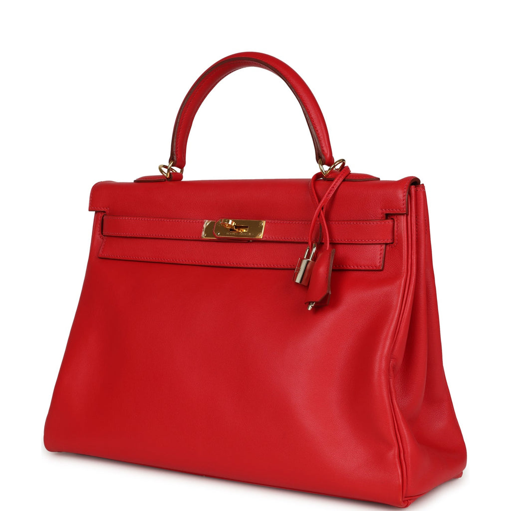 Vintage Hermes Kelly Retourne 35 Rouge Vif Gulliver Gold Hardware