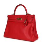 Vintage Hermes Kelly Retourne 35 Rouge Vif Gulliver Gold Hardware