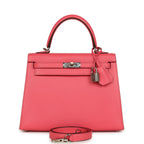 Hermes Kelly Sellier 25 Rose Lipstick Chevre Mysore Palladium Hardware