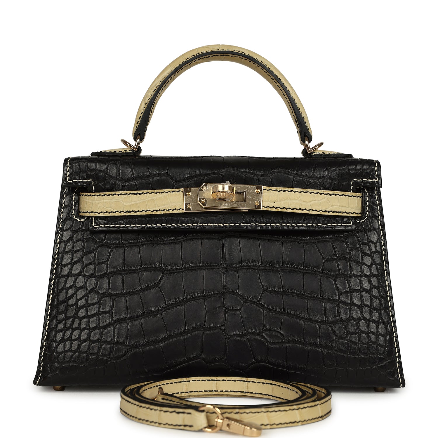 Hermes Special Order (HSS) Kelly Sellier 20 Black and Vanille Matte Alligator Permabrass Hardware