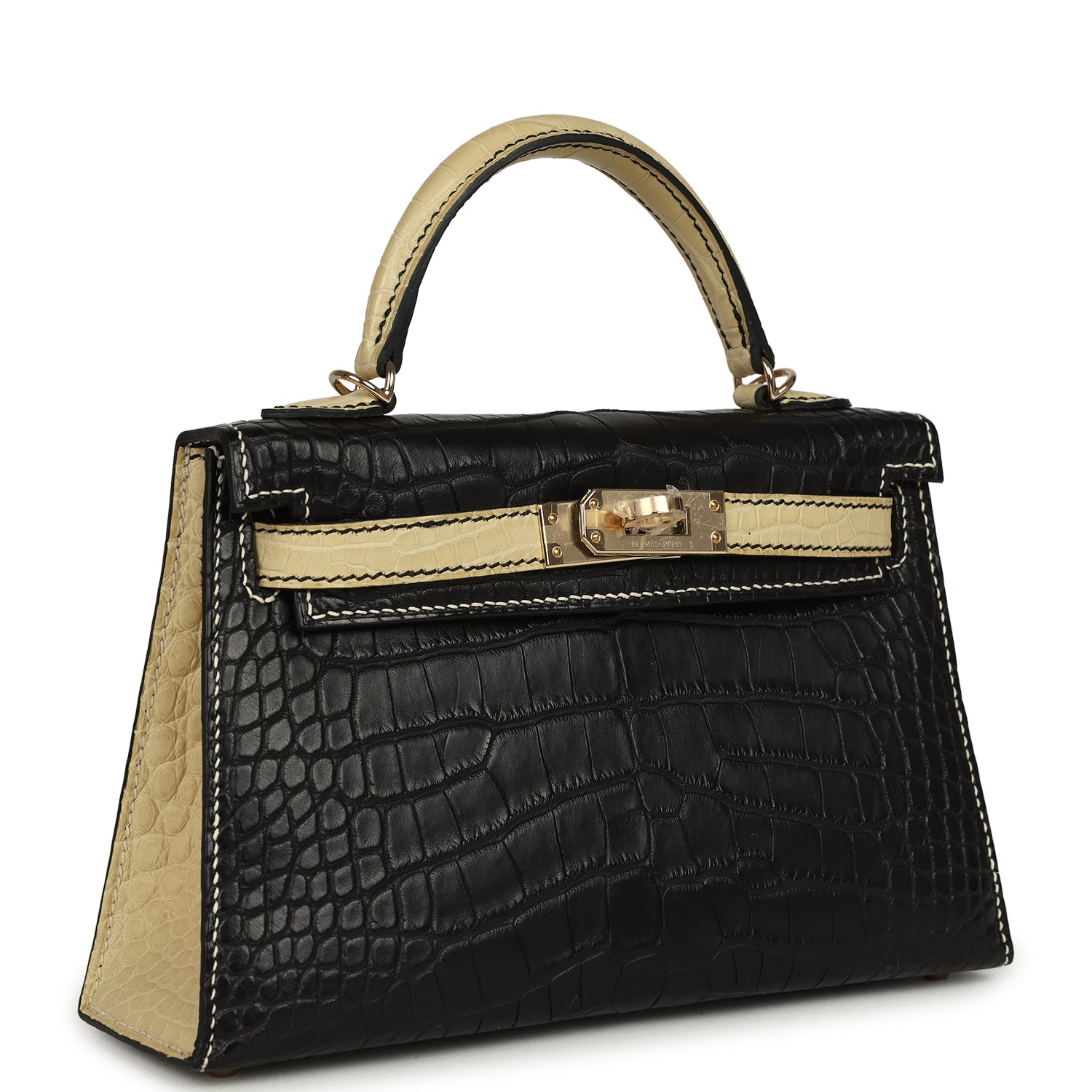 Hermes Special Order (HSS) Kelly Sellier 20 Black and Vanille Matte Alligator Permabrass Hardware