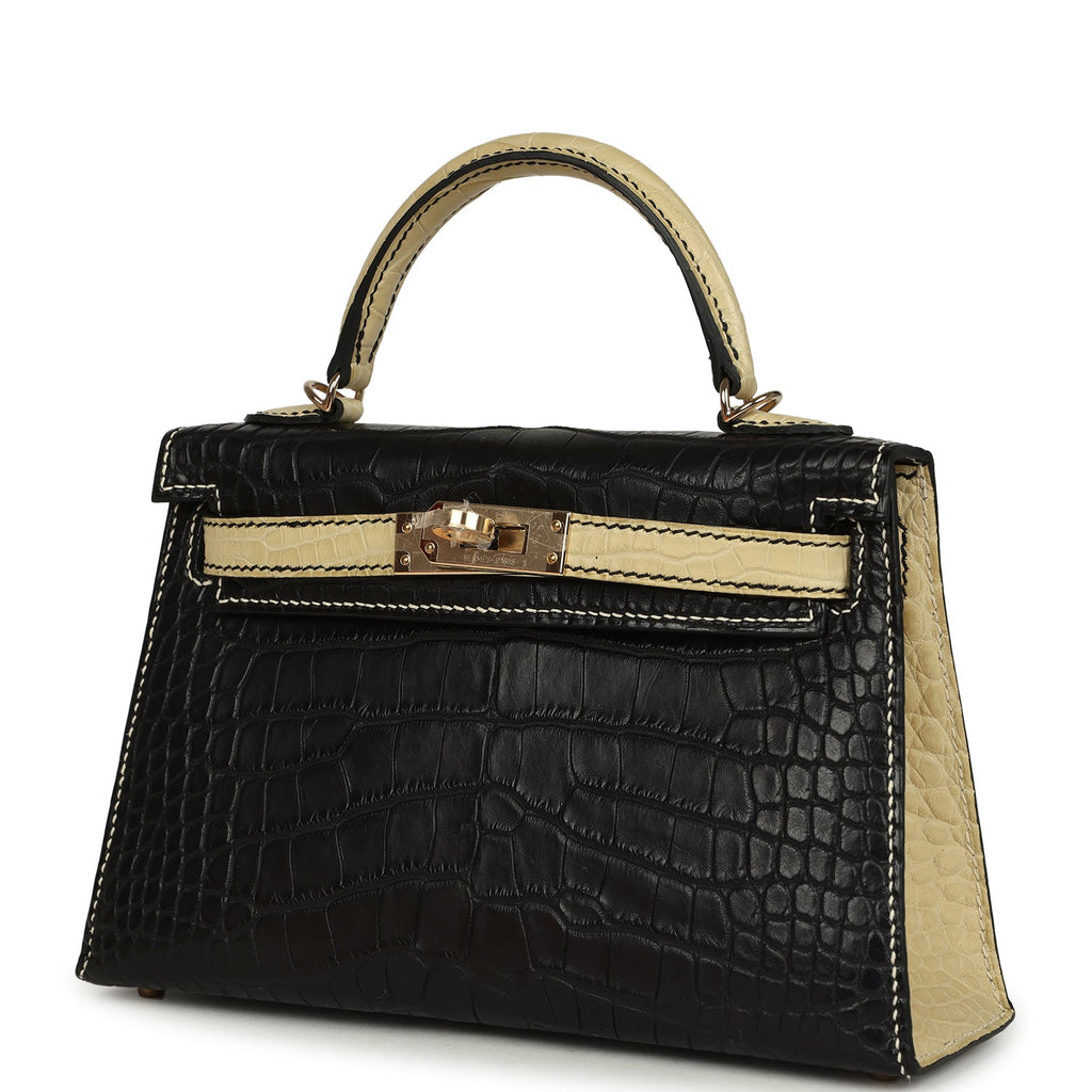 Hermes Special Order (HSS) Kelly Sellier 20 Black and Vanille Matte Alligator Permabrass Hardware