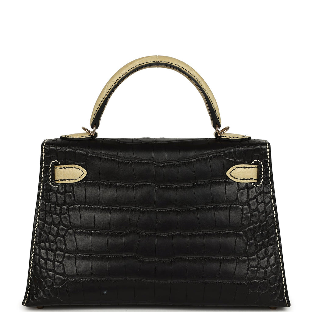 Hermes Special Order (HSS) Kelly Sellier 20 Black and Vanille Matte Alligator Permabrass Hardware