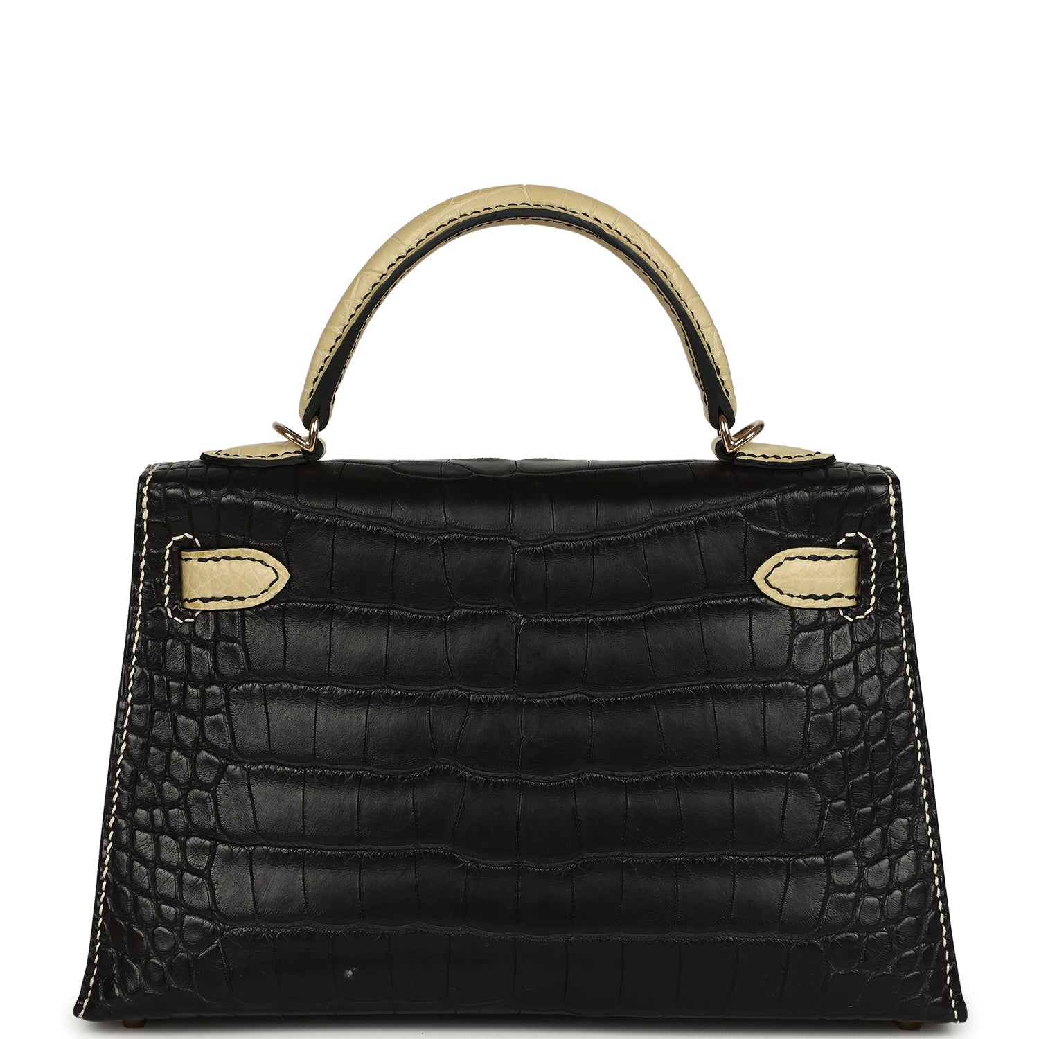 Hermes Special Order (HSS) Kelly Sellier 20 Black and Vanille Matte Alligator Permabrass Hardware