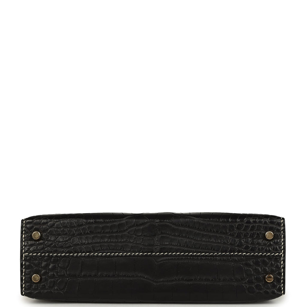 Hermes Special Order (HSS) Kelly Sellier 20 Black and Vanille Matte Alligator Permabrass Hardware