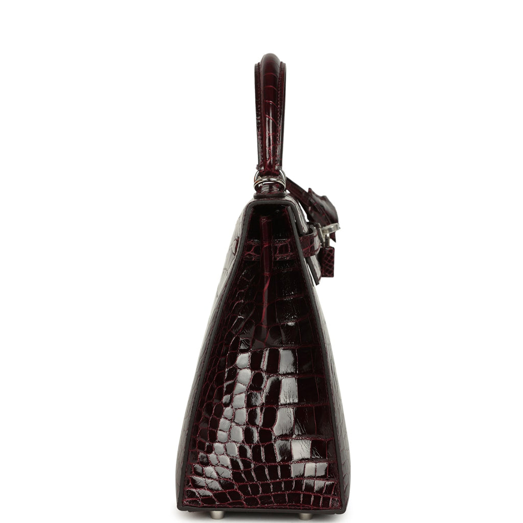 Hermes Kelly Sellier 25 Bordeaux Shiny Alligator Palladium Hardware
