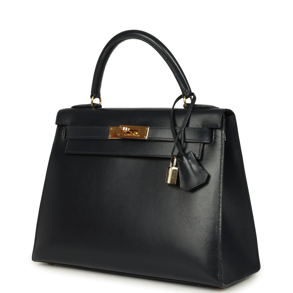 Vintage Hermes Kelly Sellier 28 Bleu Marine Box Gold Hardware