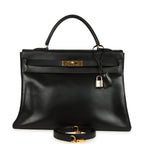 Vintage Hermes Kelly Retourne 35 Black Box Gold Hardware
