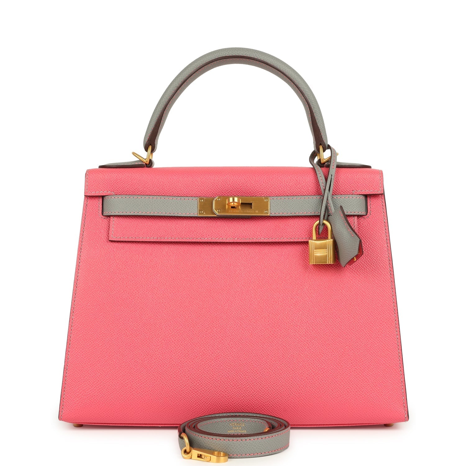 Hermes Special Order (HSS) Kelly Sellier 28 Rose Azalee and Gris Mouette Epsom Brushed Gold Hardware