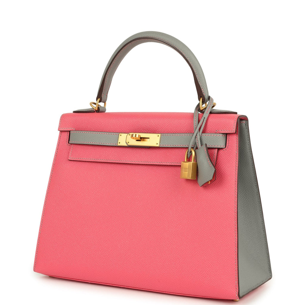 Hermes Special Order (HSS) Kelly Sellier 28 Rose Azalee and Gris Mouette Epsom Brushed Gold Hardware