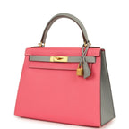 Hermes Special Order (HSS) Kelly Sellier 28 Rose Azalee and Gris Mouette Epsom Brushed Gold Hardware