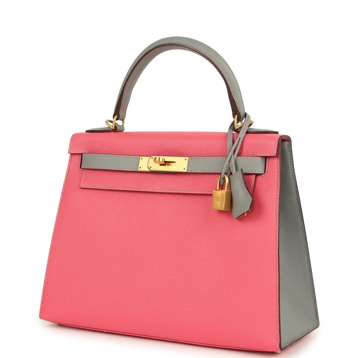 Hermes Special Order (HSS) Kelly Sellier 28 Rose Azalee and Gris Mouette Epsom Brushed Gold Hardware
