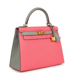 Hermes Special Order (HSS) Kelly Sellier 28 Rose Azalee and Gris Mouette Epsom Brushed Gold Hardware