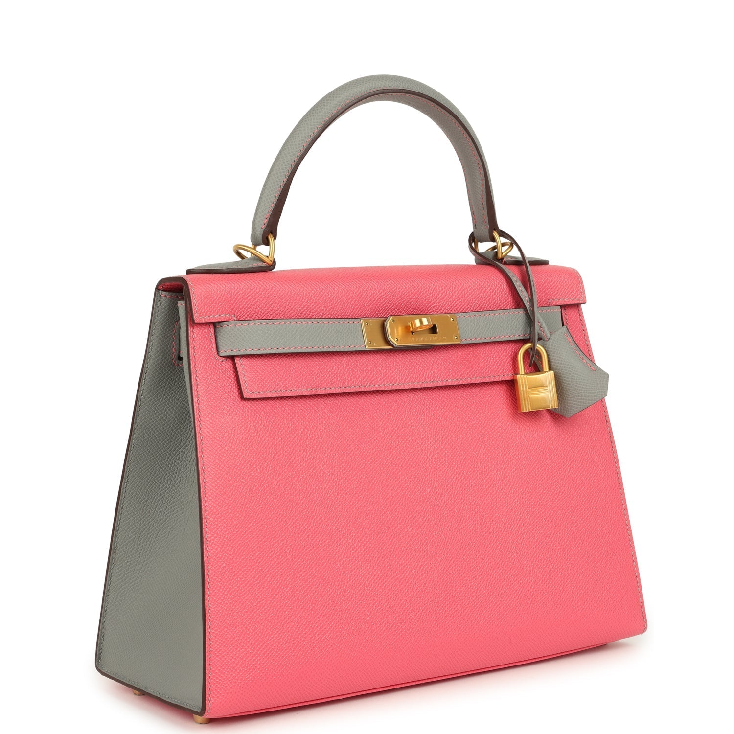 Hermes Special Order (HSS) Kelly Sellier 28 Rose Azalee and Gris Mouette Epsom Brushed Gold Hardware
