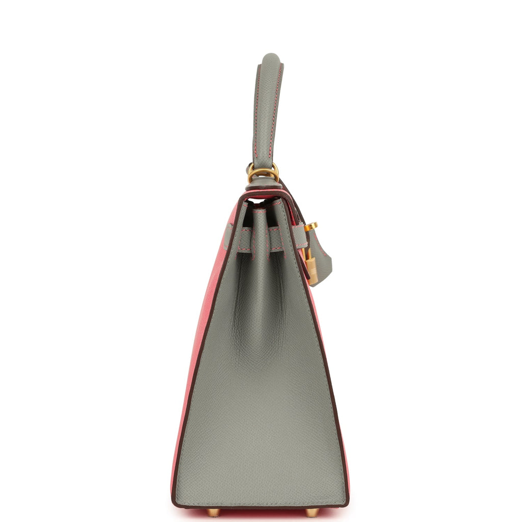 Hermes Special Order (HSS) Kelly Sellier 28 Rose Azalee and Gris Mouette Epsom Brushed Gold Hardware