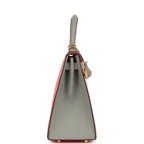 Hermes Special Order (HSS) Kelly Sellier 28 Rose Azalee and Gris Mouette Epsom Brushed Gold Hardware