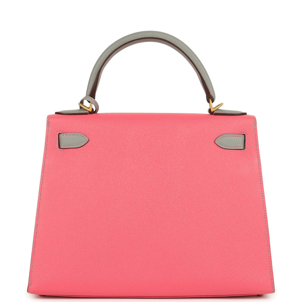 Hermes Special Order (HSS) Kelly Sellier 28 Rose Azalee and Gris Mouette Epsom Brushed Gold Hardware