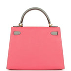Hermes Special Order (HSS) Kelly Sellier 28 Rose Azalee and Gris Mouette Epsom Brushed Gold Hardware