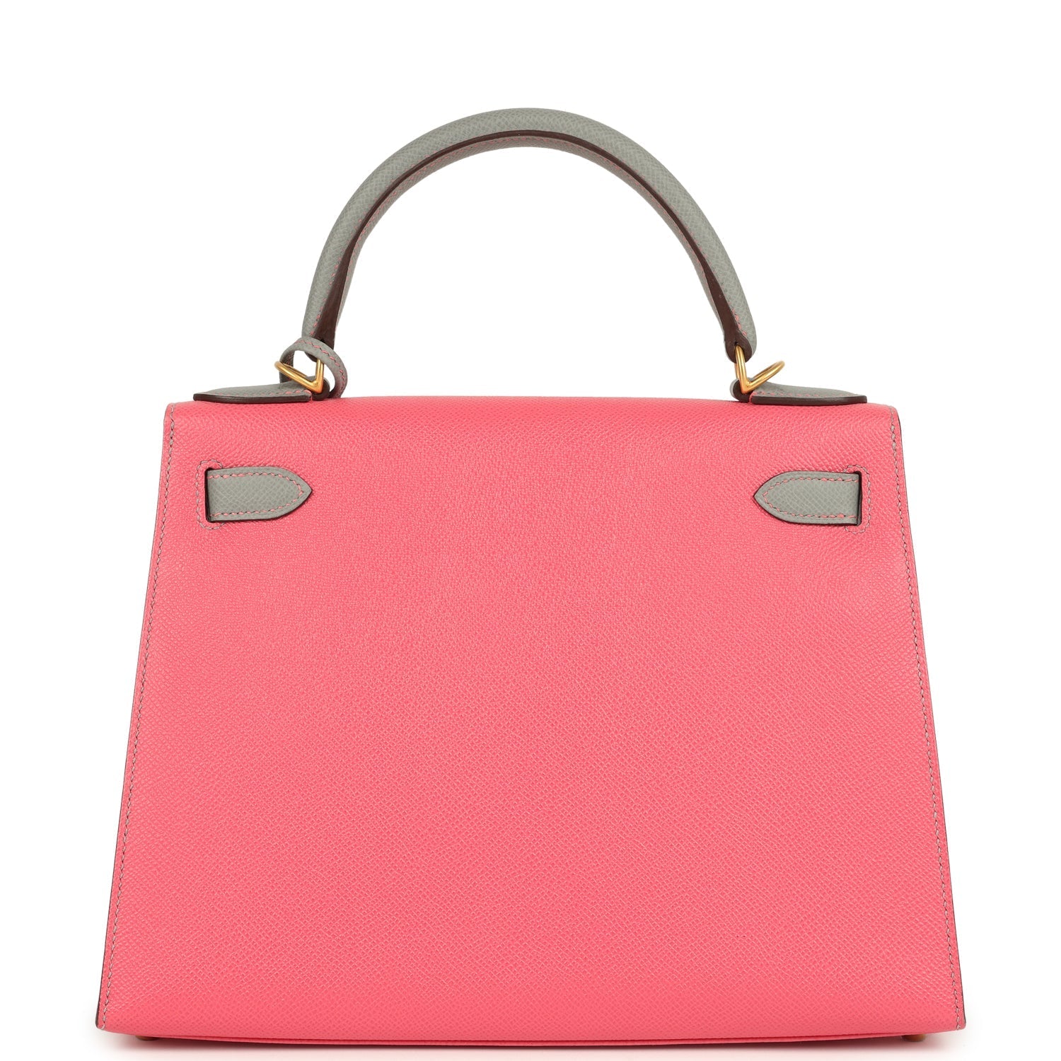 Hermes Special Order (HSS) Kelly Sellier 28 Rose Azalee and Gris Mouette Epsom Brushed Gold Hardware