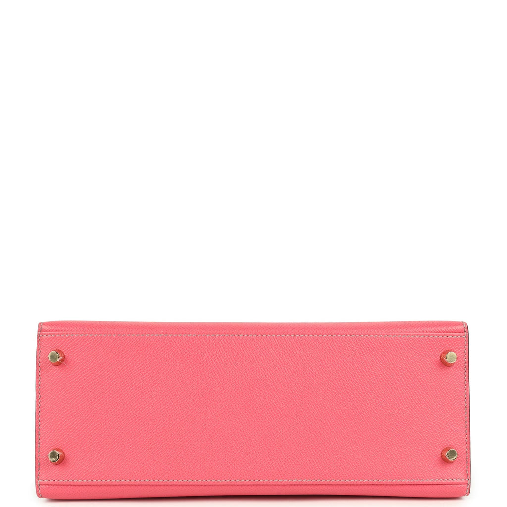 Hermes Special Order (HSS) Kelly Sellier 28 Rose Azalee and Gris Mouette Epsom Brushed Gold Hardware