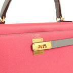 Hermes Special Order (HSS) Kelly Sellier 28 Rose Azalee and Gris Mouette Epsom Brushed Gold Hardware