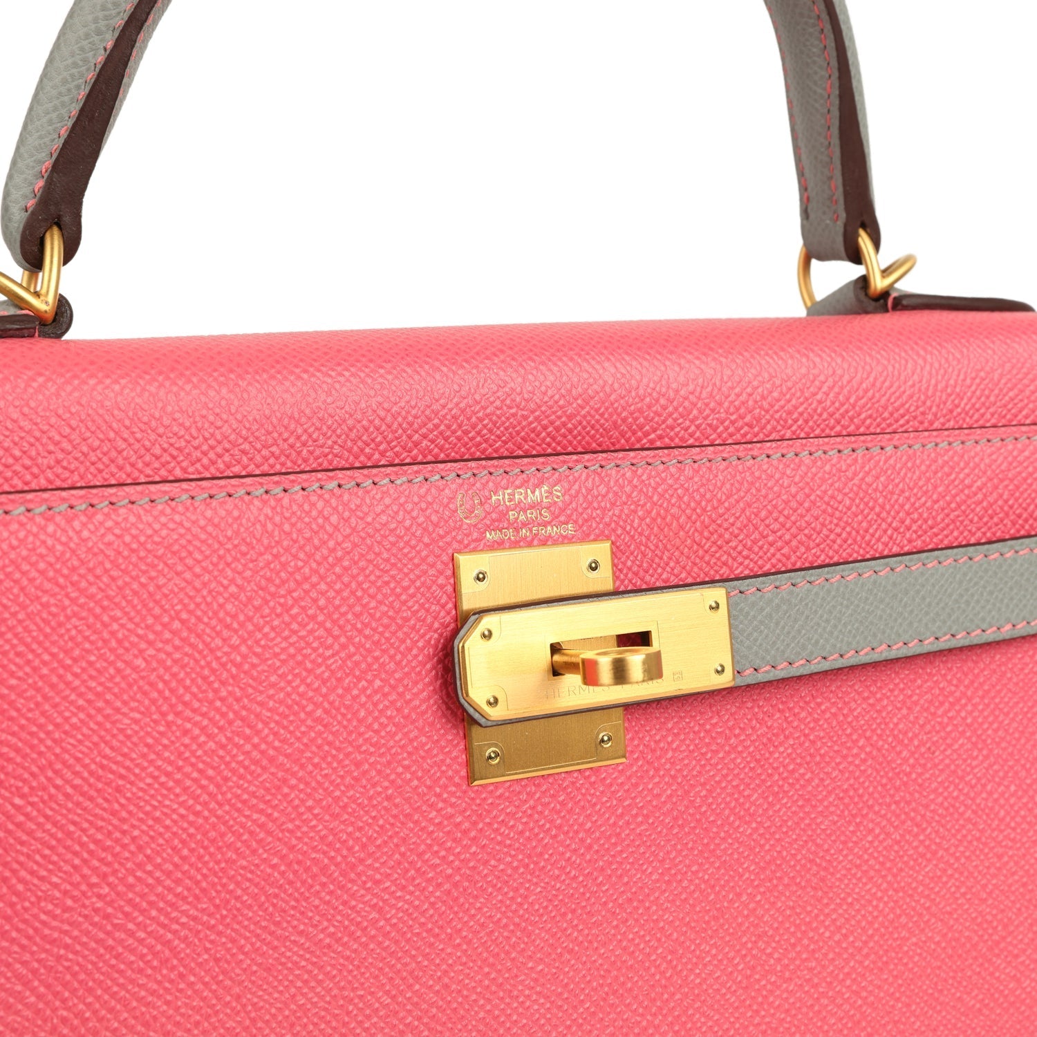 Hermes Special Order (HSS) Kelly Sellier 28 Rose Azalee and Gris Mouette Epsom Brushed Gold Hardware