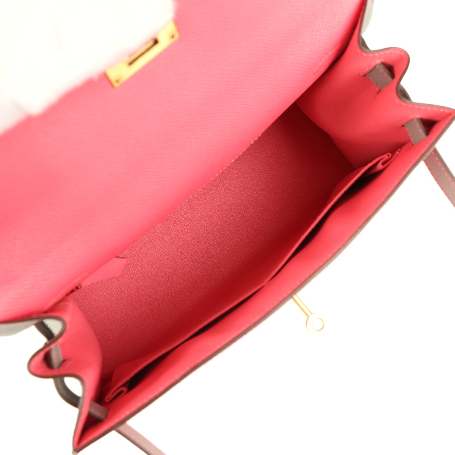 Hermes Special Order (HSS) Kelly Sellier 28 Rose Azalee and Gris Mouette Epsom Brushed Gold Hardware