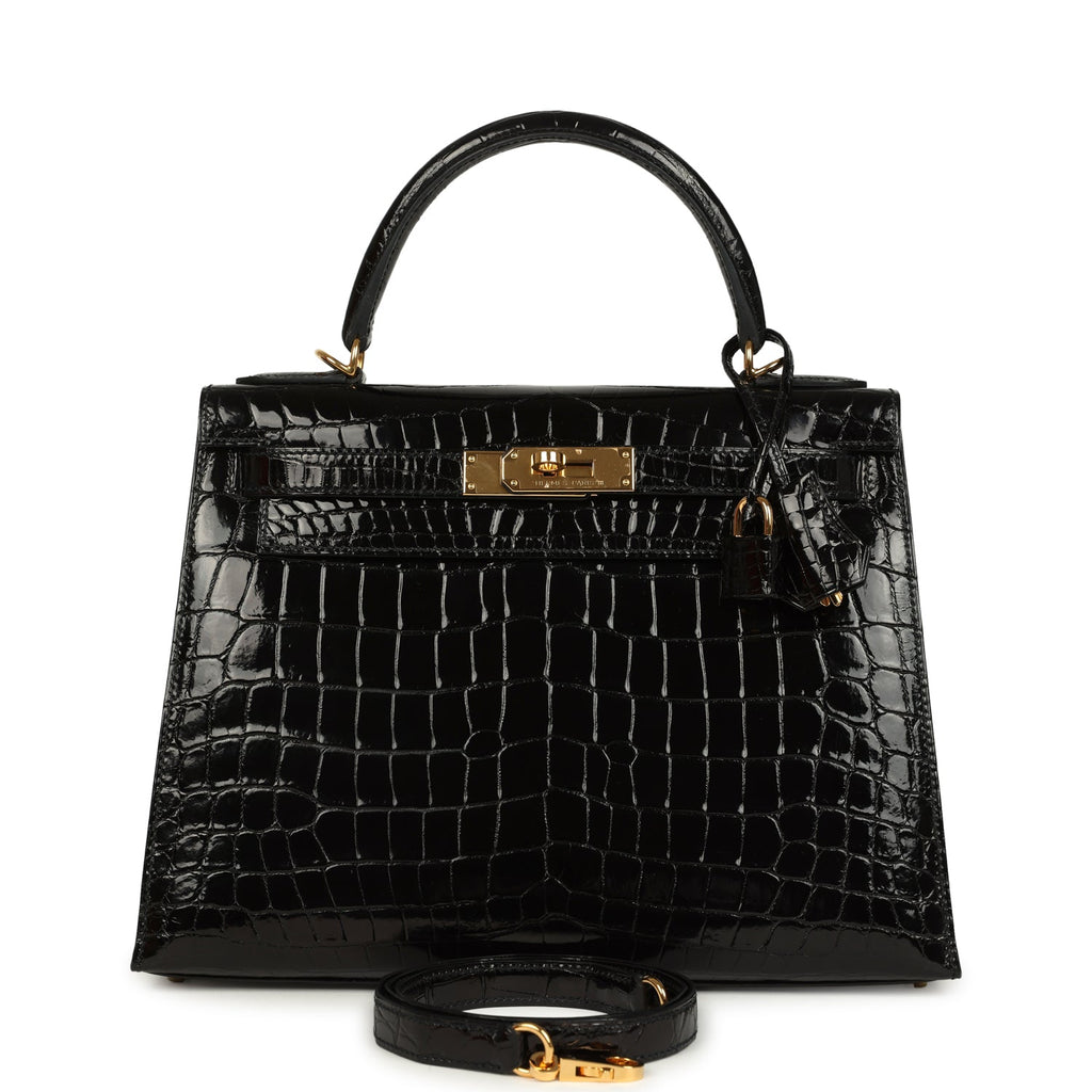 Hermes Kelly Sellier 28 Black Shiny Niloticus Crocodile Gold Hardware