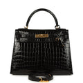 Hermes Kelly Sellier 28 Black Shiny Niloticus Crocodile Gold Hardware