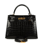 Hermes Kelly Sellier 28 Black Shiny Niloticus Crocodile Gold Hardware