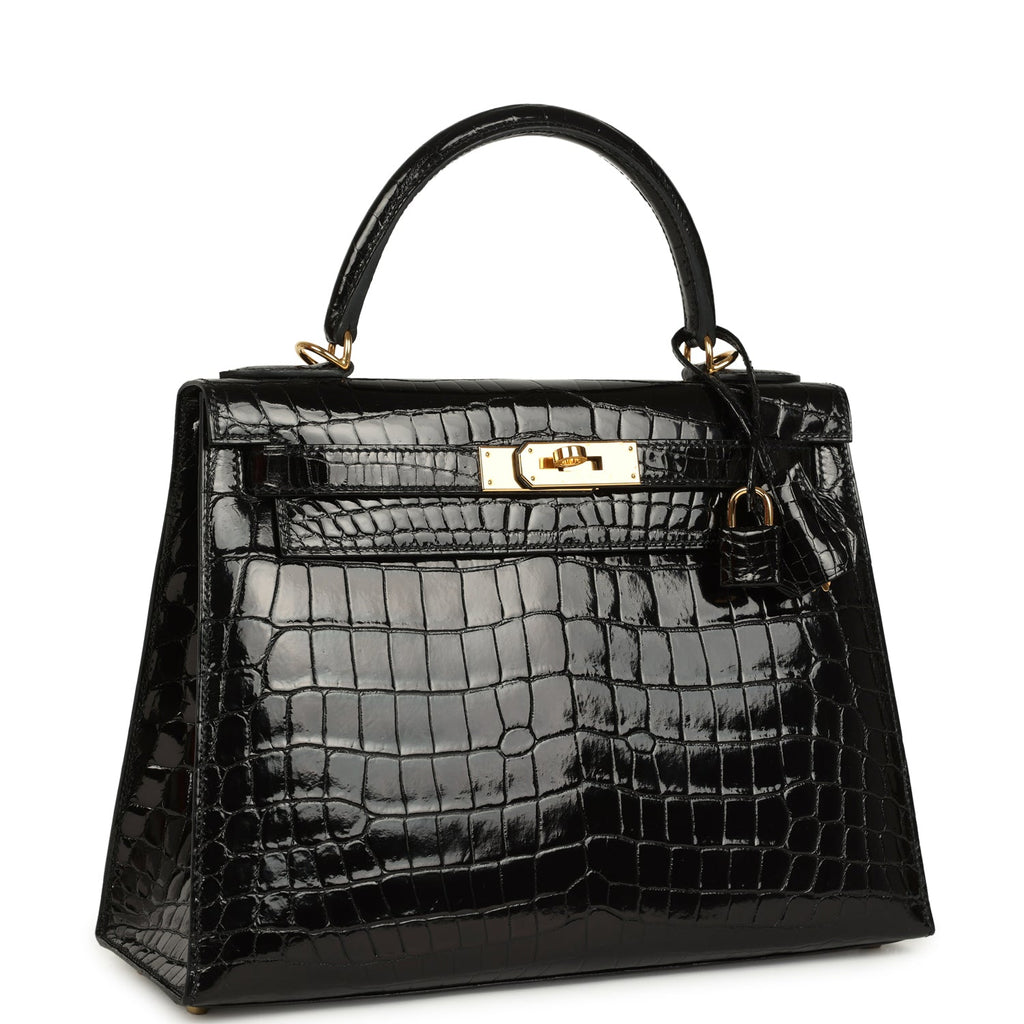 Hermes Kelly Sellier 28 Black Shiny Niloticus Crocodile Gold Hardware