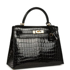 Hermes Kelly Sellier 28 Black Shiny Niloticus Crocodile Gold Hardware