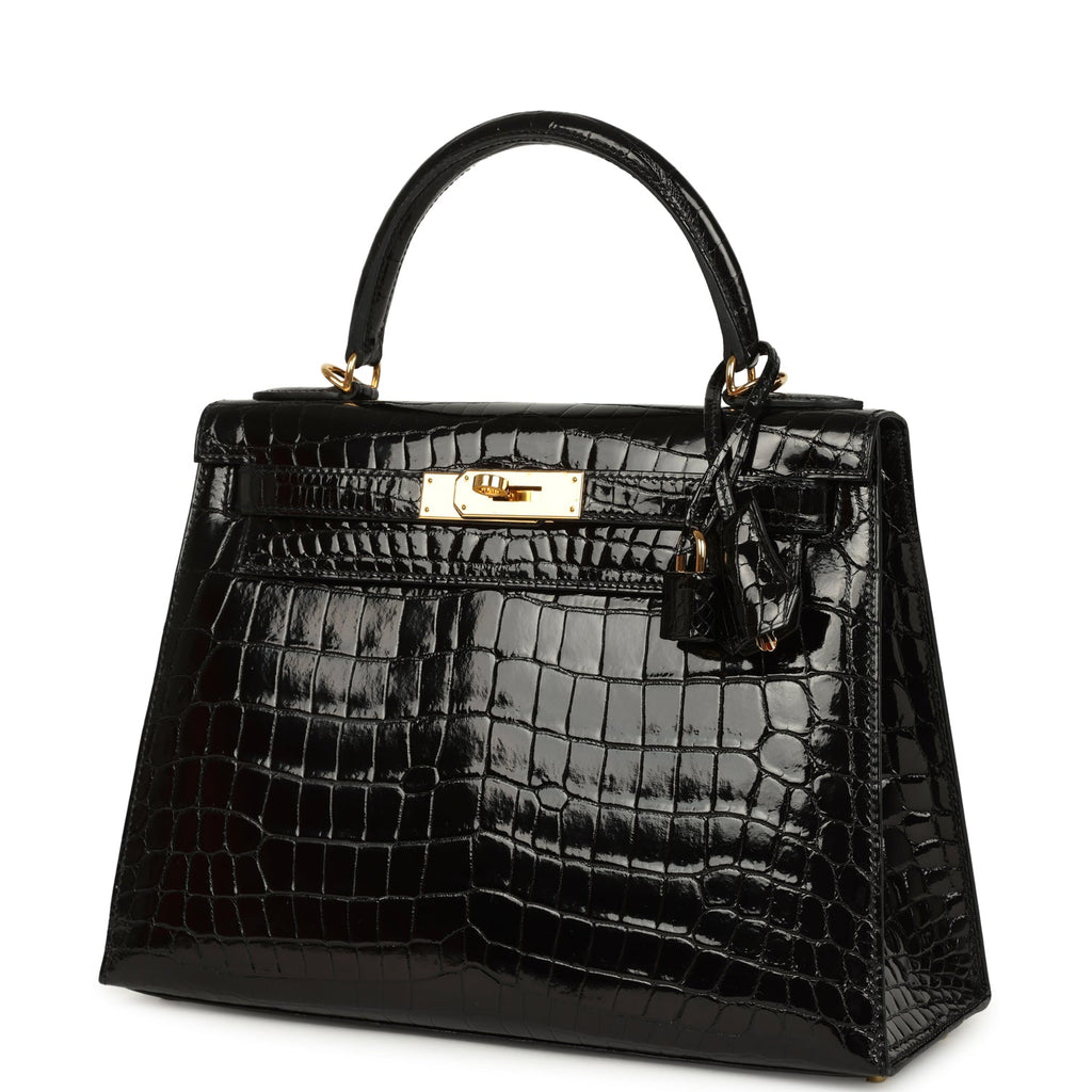 Hermes Kelly Sellier 28 Black Shiny Niloticus Crocodile Gold Hardware