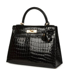 Hermes Kelly Sellier 28 Black Shiny Niloticus Crocodile Gold Hardware