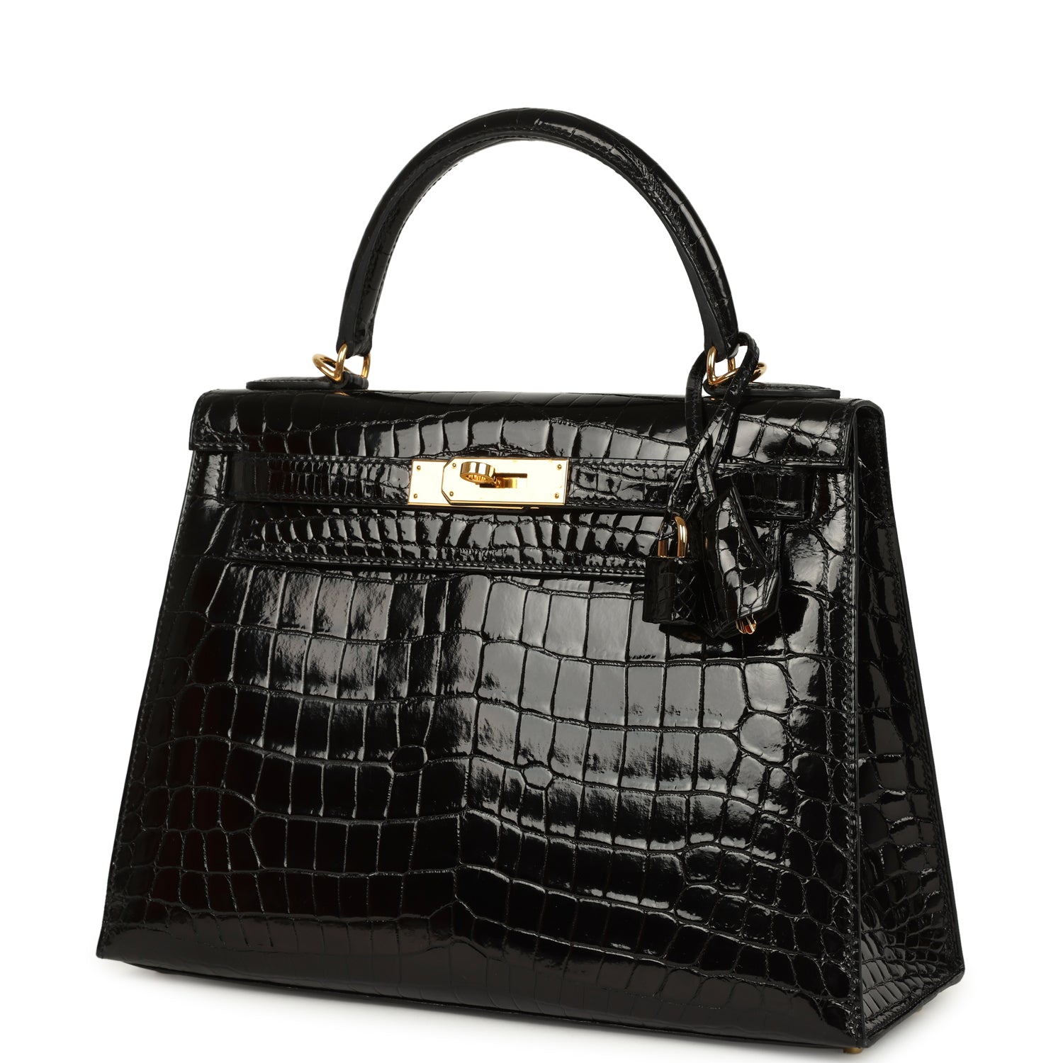 Hermes Kelly Sellier 28 Black Shiny Niloticus Crocodile Gold Hardware