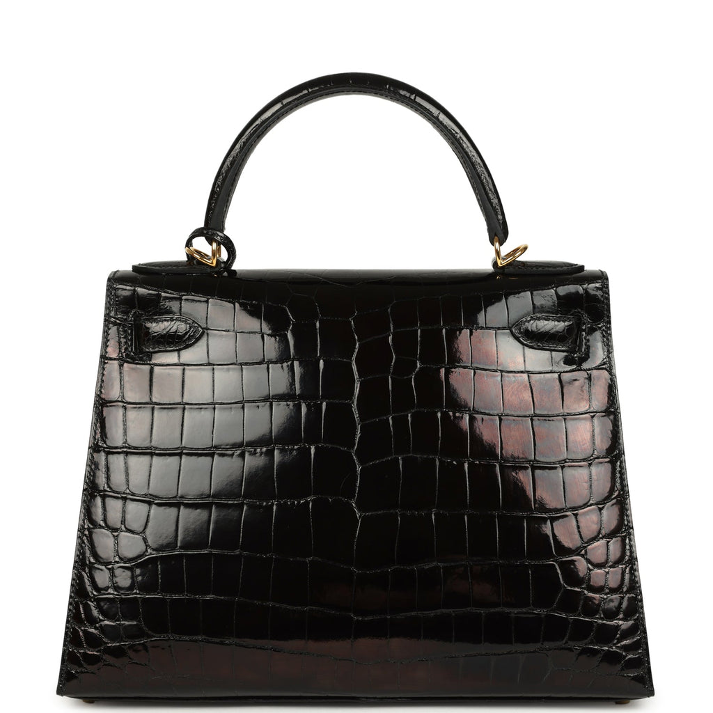 Hermes Kelly Sellier 28 Black Shiny Niloticus Crocodile Gold Hardware
