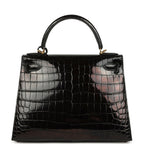 Hermes Kelly Sellier 28 Black Shiny Niloticus Crocodile Gold Hardware