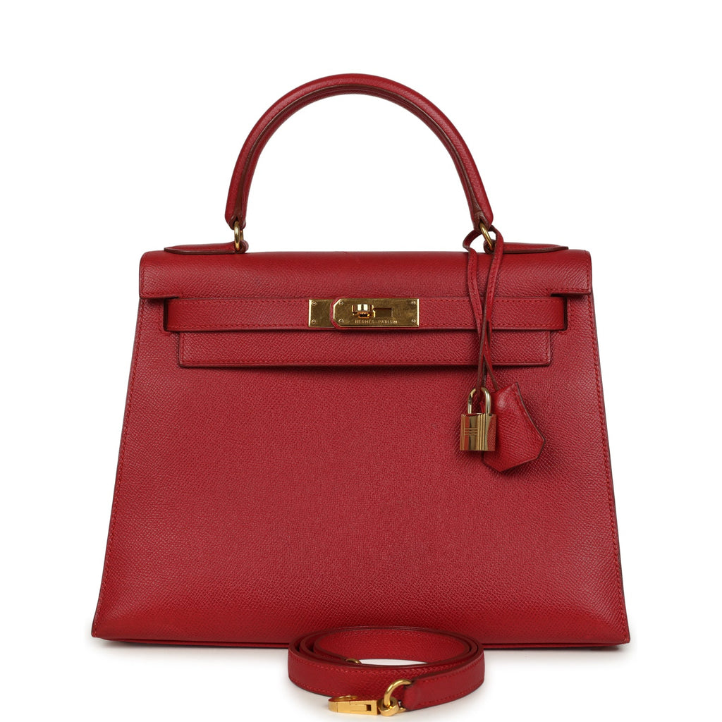 Vintage Hermes Kelly 28 Sellier Rouge Vif Courchevel Gold Hardware