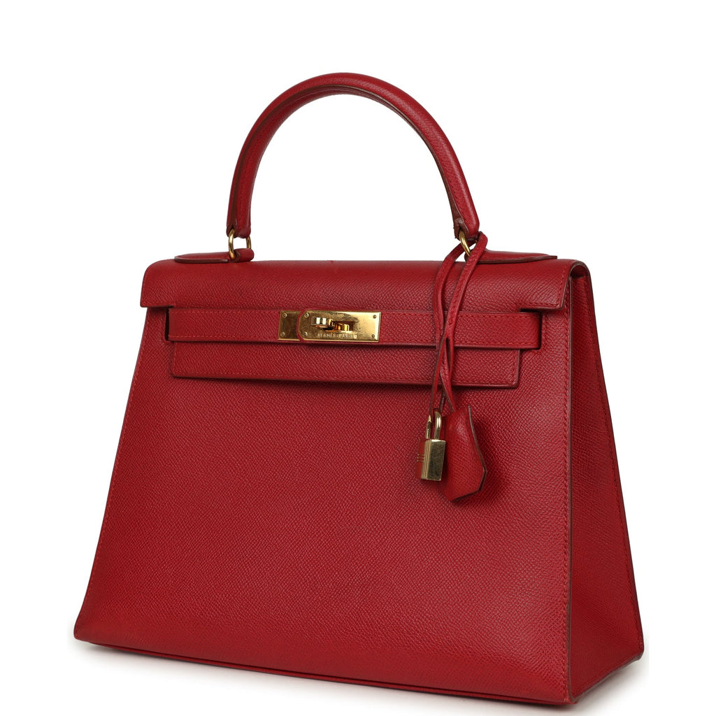 Vintage Hermes Kelly 28 Sellier Rouge Vif Courchevel Gold Hardware